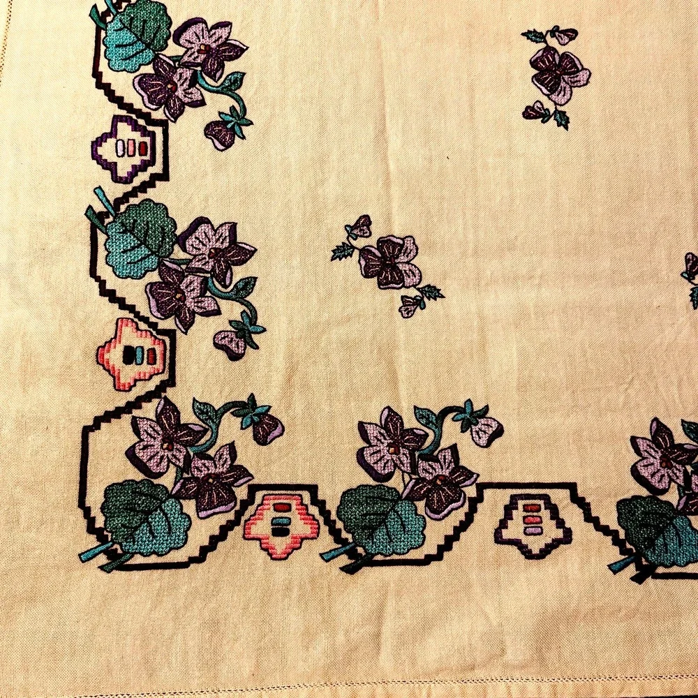Vtg Cross Stitch Tablecloth Flowers Purple Forget Me Not Yellow Embroidered Hand